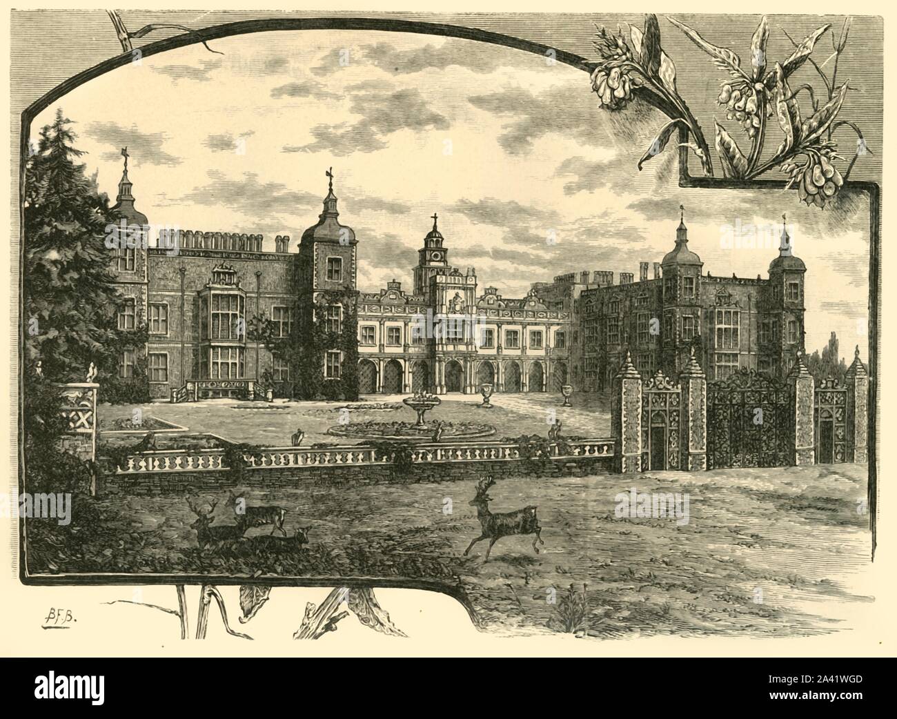 'Anteriore di Hatfield House', 1898. Hatfield House costruito nel 1611 da Robert Cecil, 1° Conte di Salisbury e ministro in capo al Re Giacomo I, con giardini stabiliti da John Tradescant il vecchio. Da "Il nostro Paese, Volume II". [Cassell and Company, Limited, Londra, Parigi &AMP; Melbourne, 1898] Foto Stock