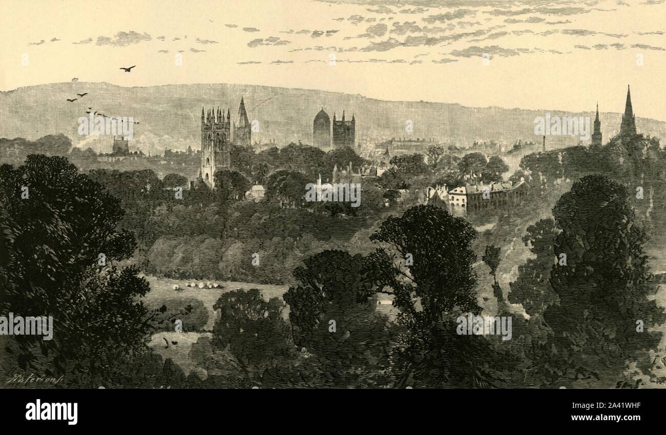 "Oxford, da Headington Hill', 1898. Tra il 1644 e il 1646, Headington Hill è stato utilizzato dalle forze parlamentari Mentre assediava Oxford durante la Prima Guerra Civile Inglese. Da "Il nostro Paese, Volume III". [Cassell and Company, Limited, Londra, Parigi &AMP; Melbourne, 1898] Foto Stock