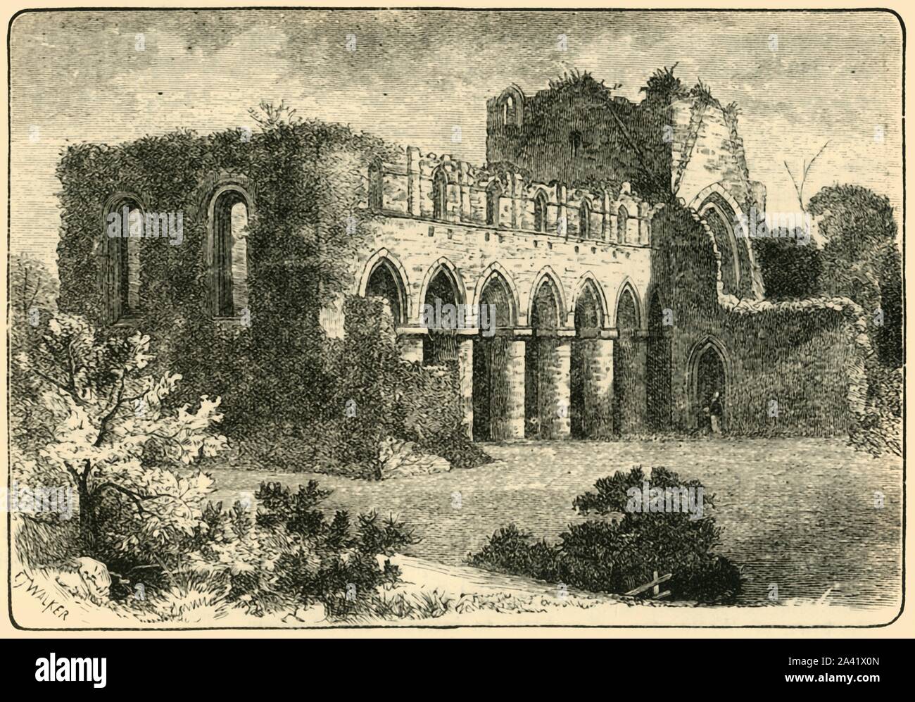 "Buildwas Abbey', 1898. Buildwas Abbazia del XII secolo il monastero cistercense situato sulle rive del fiume Severn, a Buildwas, Shropshire, Inghilterra. L'abbazia fu soppresso nel 1536 come parte di dissoluzione dei monasteri sotto Enrico VIII. Da "Il nostro Paese, volume V". [Cassell and Company, Limited, Londra, Parigi &AMP; Melbourne, 1898] Foto Stock