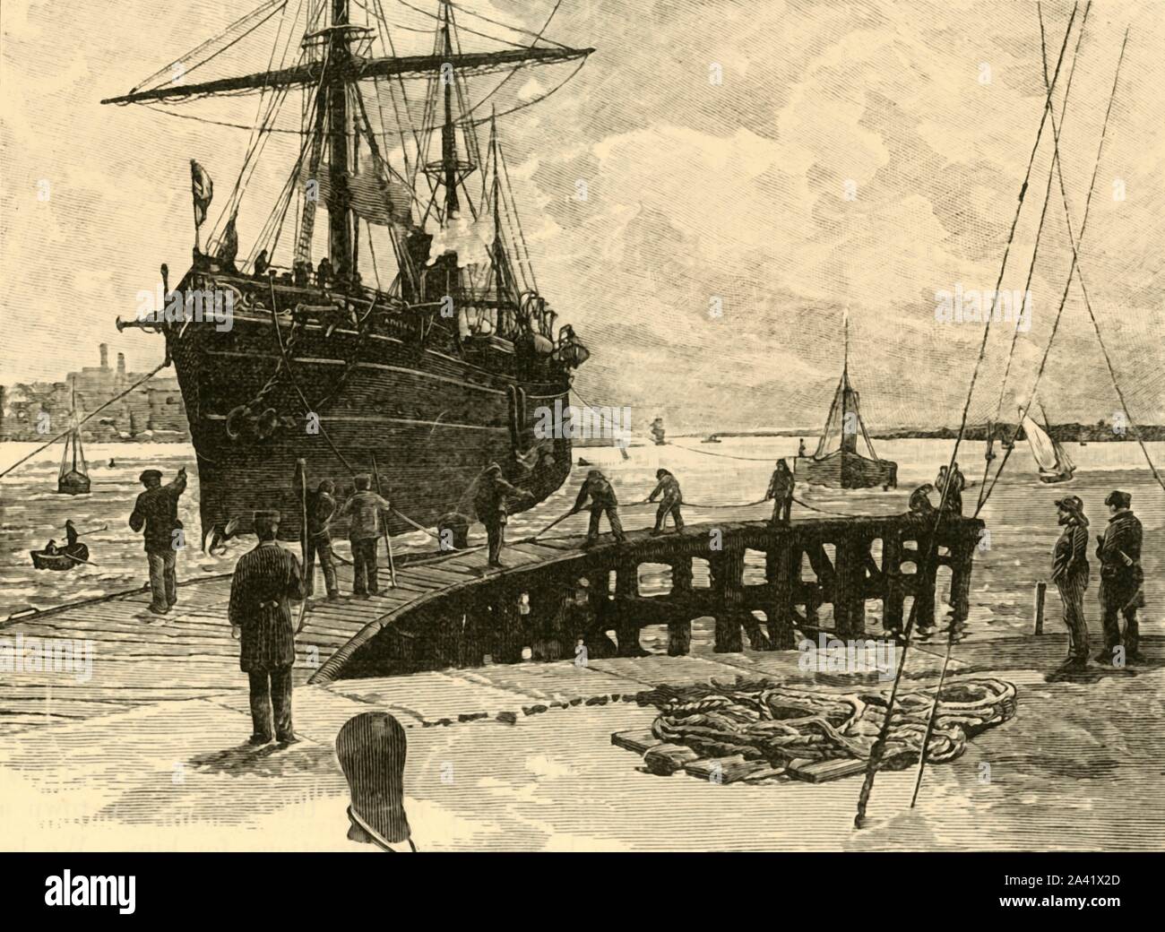 "L'arrivo di un sistema di cottura a vapore a Southampton Docks", 1898. Il Southampton Docks società è stata costituita nel 1835, il primo dock aperto nel 1842 e divenne noto come il gateway per l'impero. Da "Il nostro Paese, volume V". [Cassell and Company, Limited, Londra, Parigi &AMP; Melbourne, 1898] Foto Stock