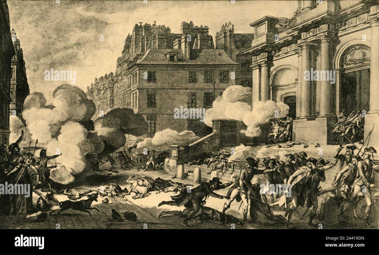 'Day di 13 Vendemiaire dell'anno 4', 1797, (1921). "Journ&#xe9;e du XIII Vendemiaire, l'an IV'. Raffigurazione di eventi su 5 Ottobre 1795: royalist-influenzato le sezioni di Parigi si ribellò per impedire l' adozione di una nuova costituzione che ha protetto la posizione dei radicali. La volontà di Napoleone Bonaparte (1769-1821) al fuoco dei cannoni sui dimostranti - nelle sue parole, "a conferire loro un soffio di' a mitraglia - consolidato al controllo del governo. Incisione di Isidore-Stanislas Helman dopo Charles Monnet. Da "Napoleone", da Raymond Guyot. [H. Farinosa, Paris, 1921] Foto Stock