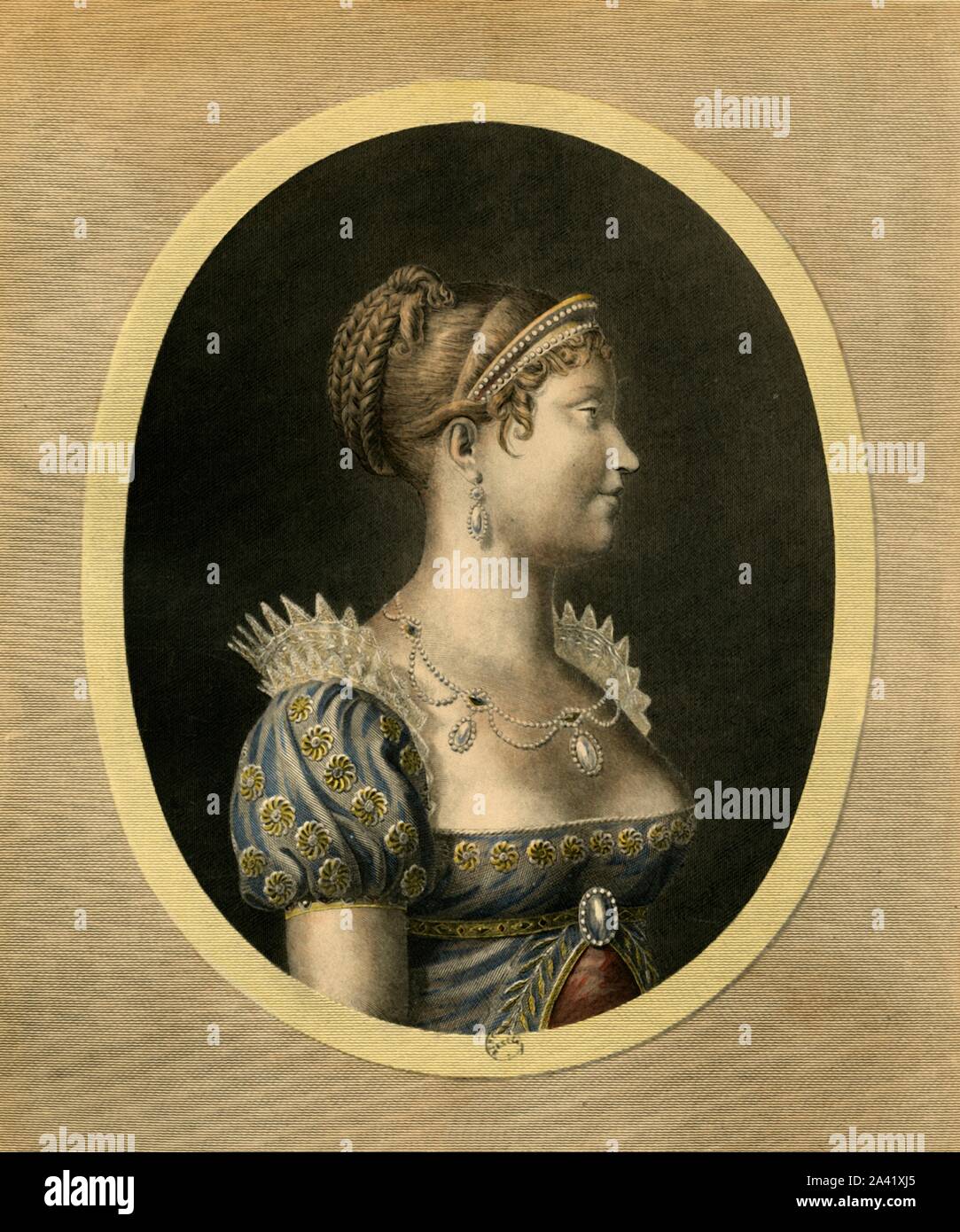 Maria Luigia, duchessa di Parma, c1810, (1921). Marie Louise, Archiduchesse d'Autriche, Imp&#xe9;ratrice des Fran&#xe7;ais, Reine d'Italie'. Ritratto di Maria Luigia, (1791-1847), "l'Arciduchessa d'Austria, Imperatrice del francese, regina d'Italia", e la seconda moglie di Napoleone Bonaparte. Incisione di Ribault, redatti da Durand-Duclos dopo un busto di 1810 da Bosio. Da "Napoleone", da Raymond Guyot, [H. Farinosa, Paris, 1921] Foto Stock