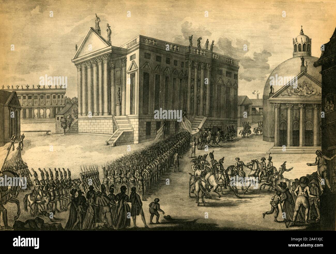 Entrata trionfale dei francesi nella città di Berlino, 27 ottobre 1806, (1921). "Entrée Triomphante des Français dans la ville de Berlin le 27 octobre 1806'. L'imperatore francese Napoleone e il suo esercito invadono la capitale della Prussia. Incisione di Le Beau dopo Thomas Charles Naudet. Da "Napoleone", da Raymond Guyot, [H. Farinosa, Paris, 1921] Foto Stock