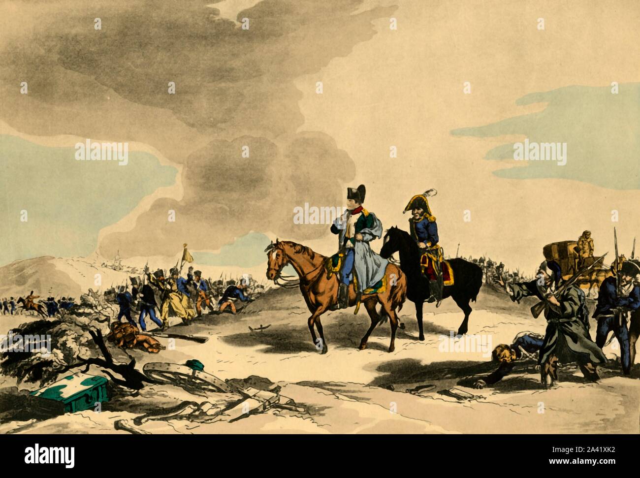 'A Bas Le Manteau, o Murmer del francese Grand Army nella loro ritirata attraverso la Russia, 1812", (1921). Napoleone I (1769-1821), a cavallo, incontra i suoi uomini richiesta e gli toglie il suo cappotto di partecipare nella loro miseria. L'inverno russo ha preso il suo pedaggio sull'esercito francese. La mancanza di erba e mangimi indebolito i restanti cavalli, quasi tutti dei quali sono morti o sono stati uccisi per prodotti alimentari da parte dei soldati affamati. Senza cavalli, la cavalleria francese ha cessato di esistere; Cavalleggeri era a marzo a piedi. Incisione di Dubourg dopo John Augustus Atkinson. Da "Napoleone", da Raymond Guyot, [H. Farinosa, Paris, 192 Foto Stock