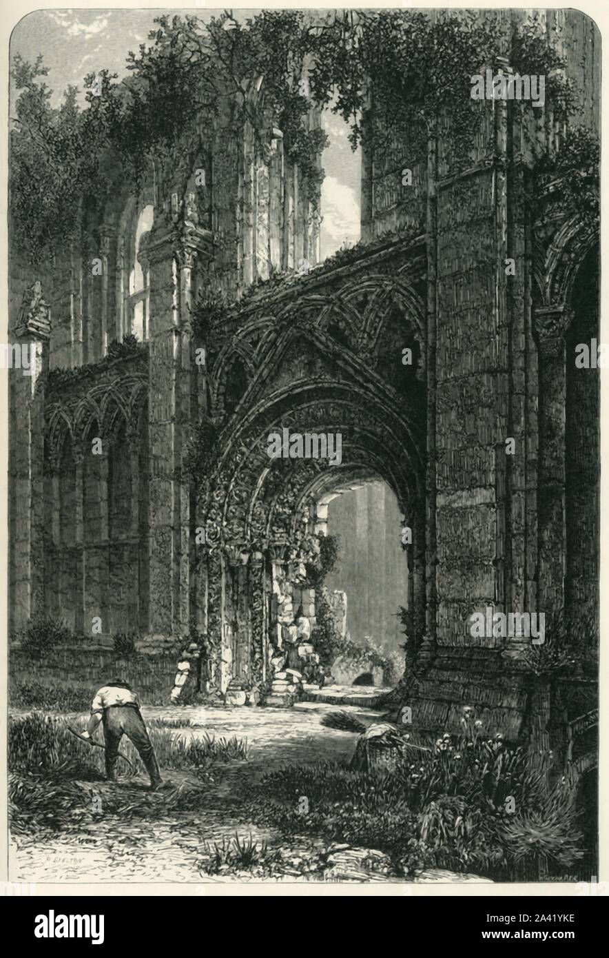 "Abbazia di Glastonbury', C1870. Abbazia di Glastonbury, ricostruita dopo un incendio nel 1184 venne dal XIV secolo uno dei più ricchi e potenti monasteri in Inghilterra, associato con la leggenda di Re Artù. L'abbazia fu soppresso durante la dissoluzione dei monasteri sotto il re Enrico VIII e l'ultimo Abate Richard Merlano è stato appeso, disegnato e squartato come un traditore su Glastonbury Tor in 1539. Dal pittoresco Europa - Le Isole Britanniche, Vol. Io". [Cassell Petter &AMP; Galpin, Londra, c1870] Foto Stock