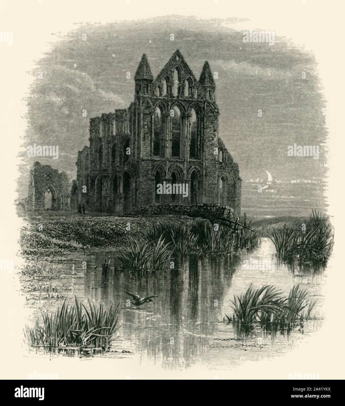 "Whitby Abbey', C1870. 7th-secolo Whitby Abbey, un centro medievale di Northumbria fu confiscato dalla corona sotto Enrico VIII durante la dissoluzione dei monasteri 1536-1545 ed è ora un grado che ho elencato la costruzione. Dal pittoresco Europa - Le Isole Britanniche, Vol. Io". [Cassell Petter &AMP; Galpin, Londra, c1870] Foto Stock