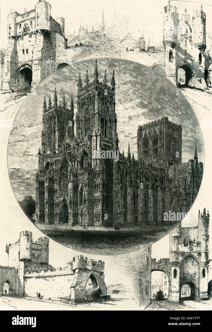 "Minster e porte di York', C1870. York mura costruito originariamente c71 AD dai Romani, adesso data dal medievale XII-XIV secolo. York Minster, fu costruito in stile gotico sotto Walter de Grey da 1220. Dal pittoresco Europa - Le Isole Britanniche, Vol. II". [Cassell Petter &AMP; Galpin, Londra, c1870] Foto Stock