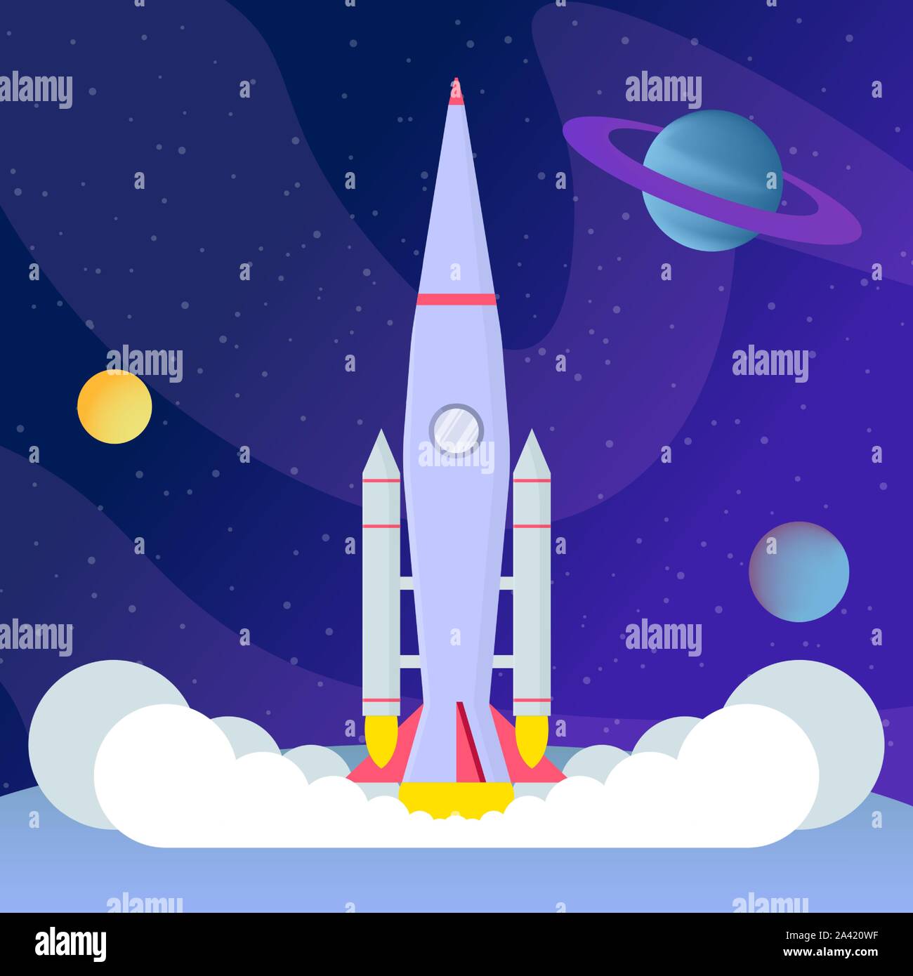 Rocket il decollo, atterraggio piatta illustrazione vettoriale. Cosmo il programma di esplorazione spaziale, spedizione, viaggio interstellare, cosmologia cartoon concetto. Veicolo spaziale sul pianeta superficie, astronave startup Illustrazione Vettoriale