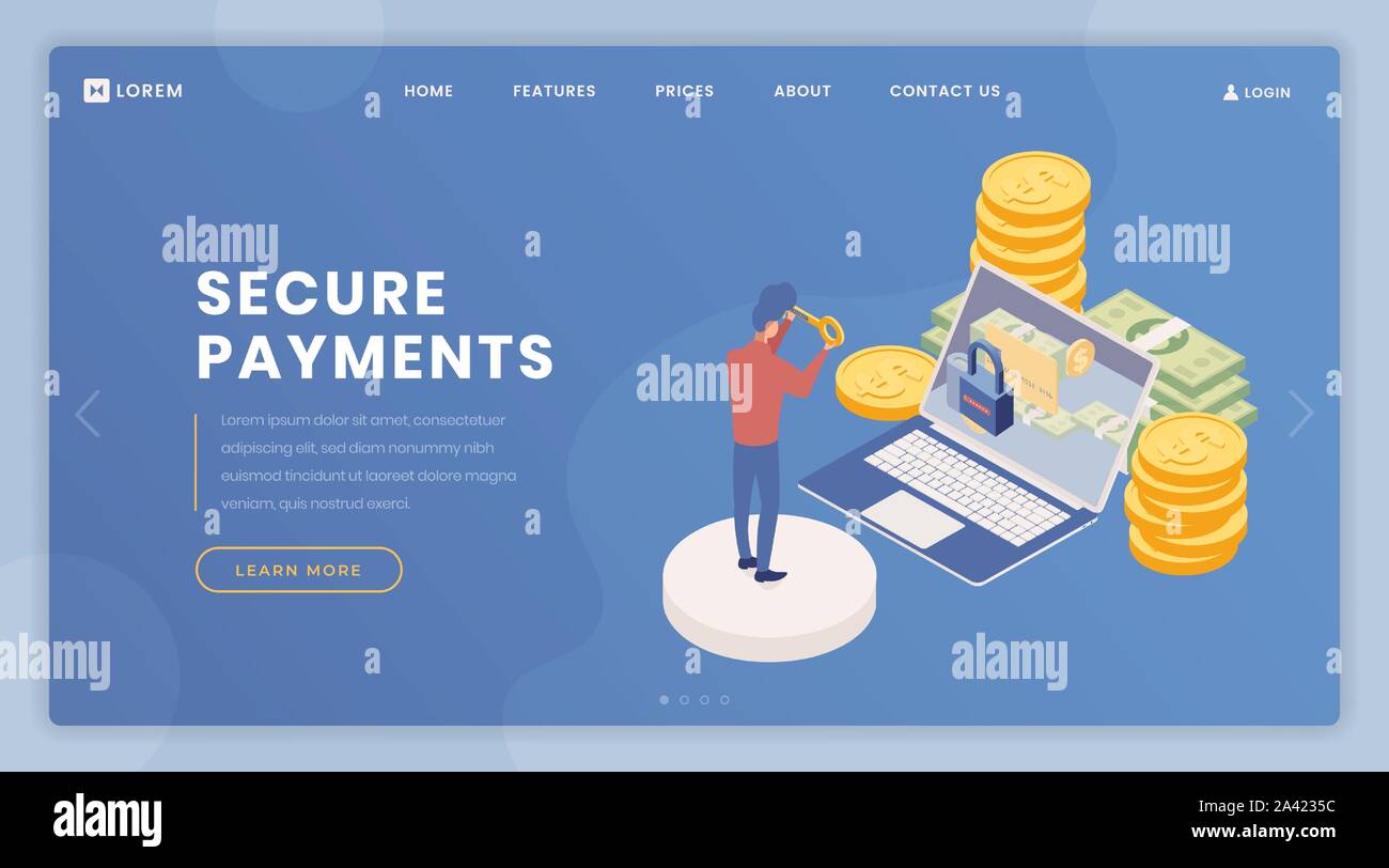 La sicurezza del pagamento landing page template vettoriale. Contanti accesso account, online banking pagina web, sito web design layout con illustrazioni isometriche. L'uomo entra password personale 3d personaggio dei fumetti Illustrazione Vettoriale