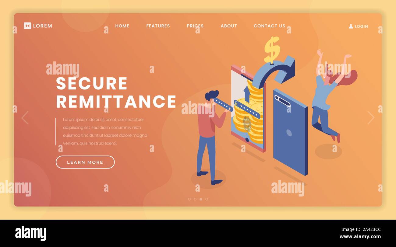 Sicurezza di rimessa landing page template vettoriale. Conto privato accesso, online banking pagina web, il layout del sito web con illustrazioni isometriche. L'uomo inserendo codice riservato 3d carattere Illustrazione Vettoriale