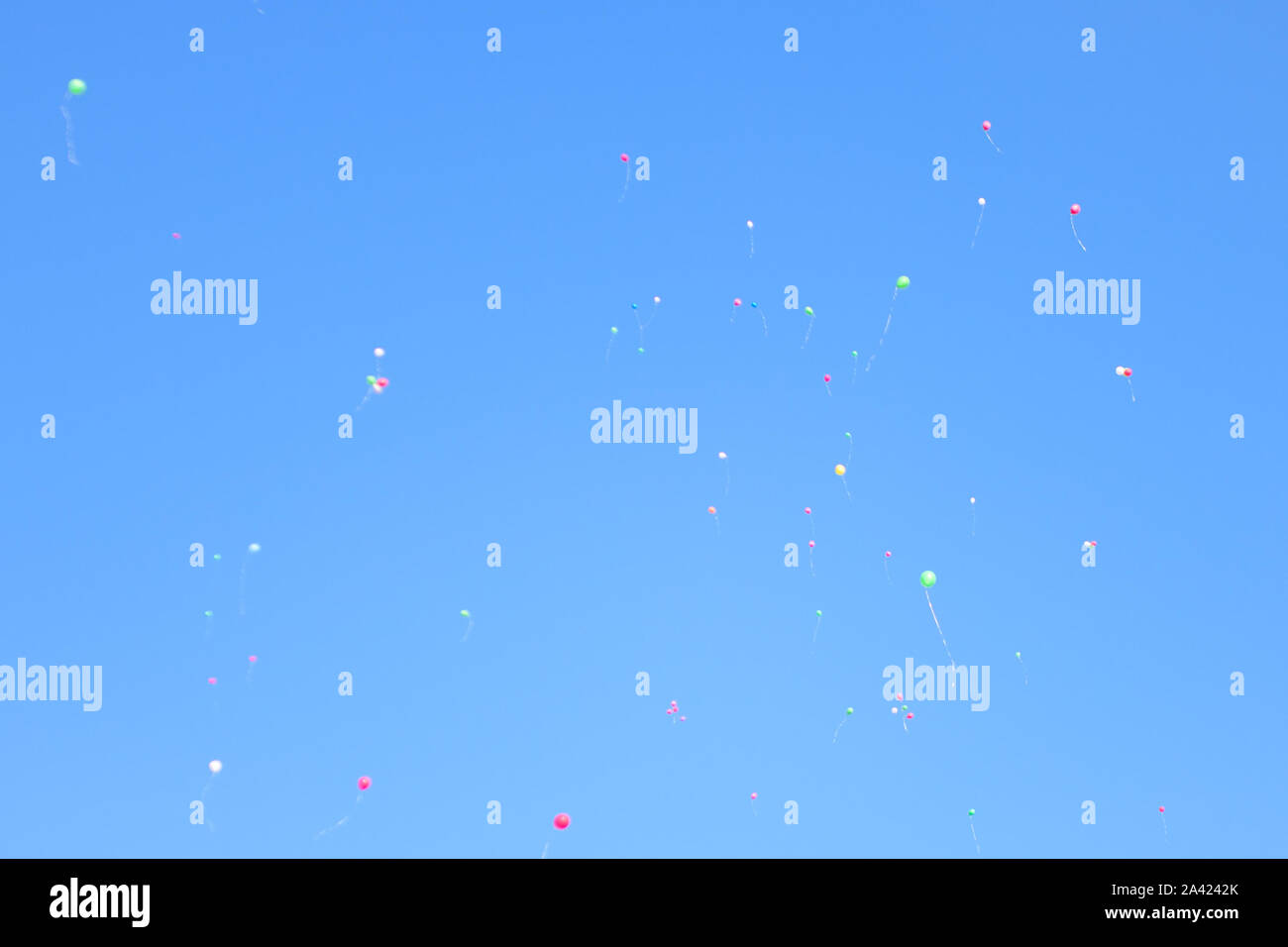 Palloncini in cielo cielo azzurro in palloni. Palloncini volare in aria Foto Stock