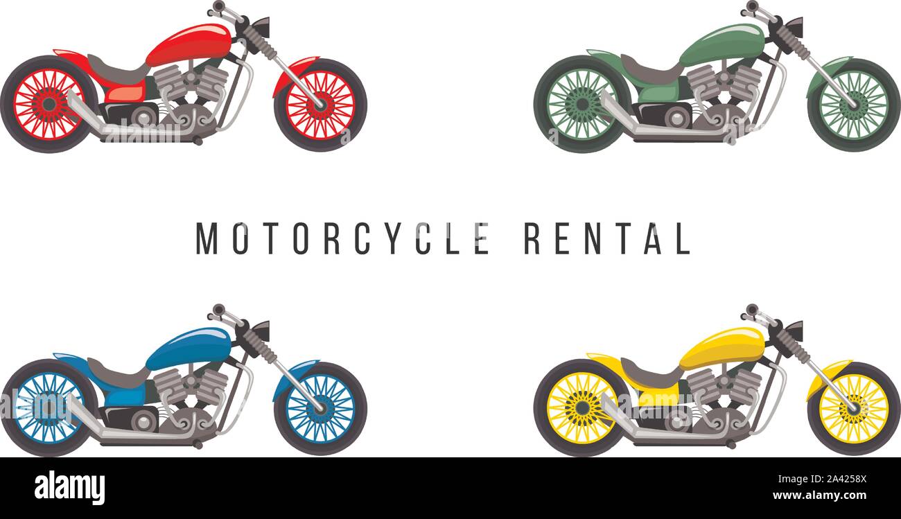 Noleggio moto service banner modello piano. Due ruote di trasporto, i tipi di veicoli a motore illustrazioni vettoriali set. Noleggio moto poster pubblicitario, flyer, affissioni il layout di progettazione Illustrazione Vettoriale