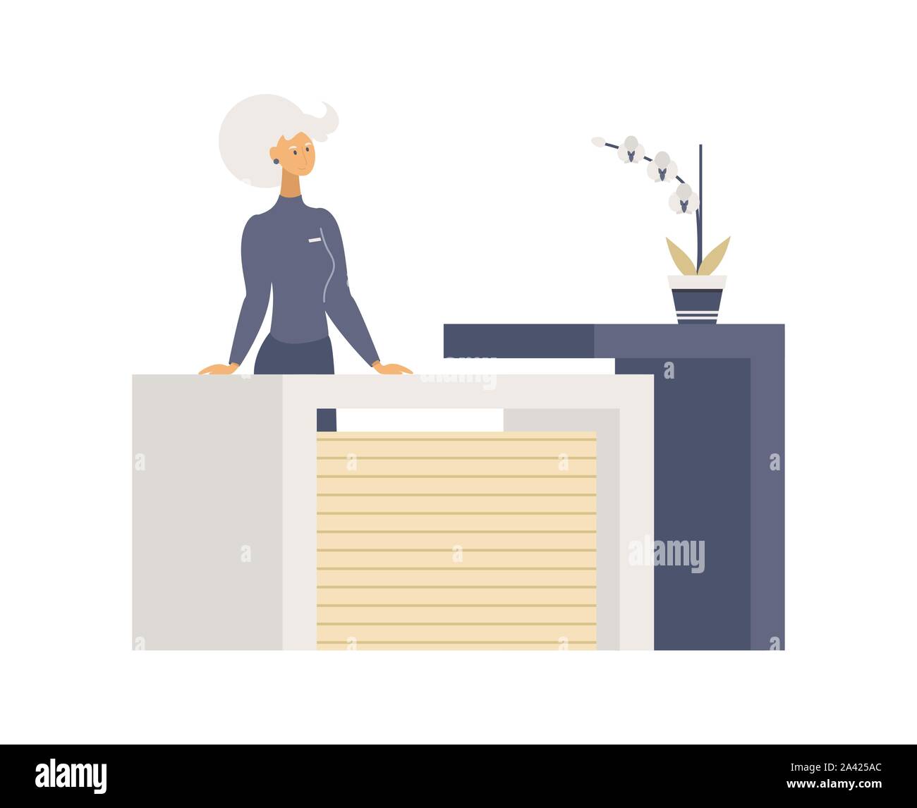 Tabella di registrazione flat illustrazioni vettoriali. Sorridente giovane donna, Friendly receptionist personaggio dei fumetti. Servizio clienti concetto, reception, salone di bellezza interiore di ricezione elemento di design Illustrazione Vettoriale
