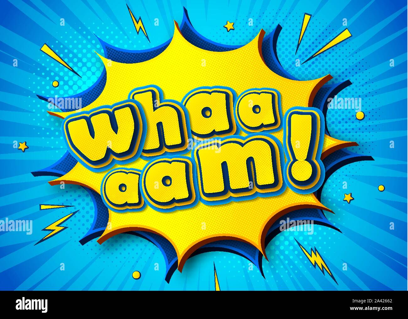 Wham sfondo nel fumetto e pop art style. Cartoon poster colorati con fumetti, multistrato e multicolore divertente lettere, mezzitoni e Illustrazione Vettoriale