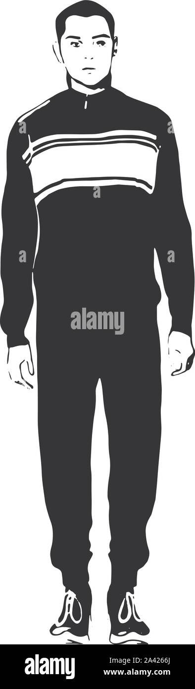 Moda uomo in sportswear, vettore isolato silhouette. Illustrazione Vettoriale