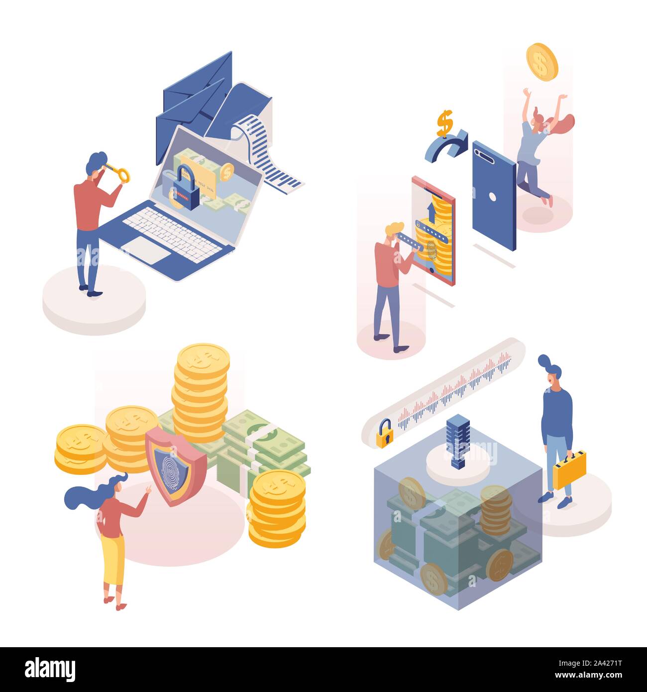 Persone alla gestione di depositi isometrica set di caratteri. Le transazioni monetarie 3d illustrazioni vettoriali pack. Pagamenti Sicuri, rimessa, conto protezione, identificazione vocale, accesso riservato Illustrazione Vettoriale