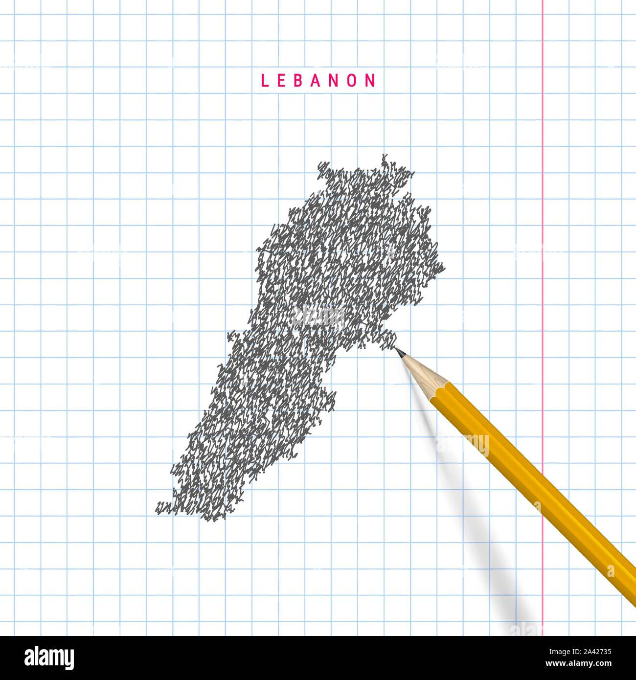 Il Libano schizzo scribble mappa tracciata sulla scuola a scacchi notebook lo sfondo della carta. Disegnata a mano mappa vettoriale del Libano. 3D realistiche matita. Illustrazione Vettoriale