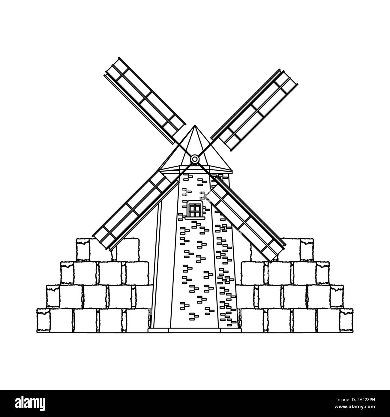 Agriturismo Mulino a vento e balle di fieno di pile Illustrazione Vettoriale