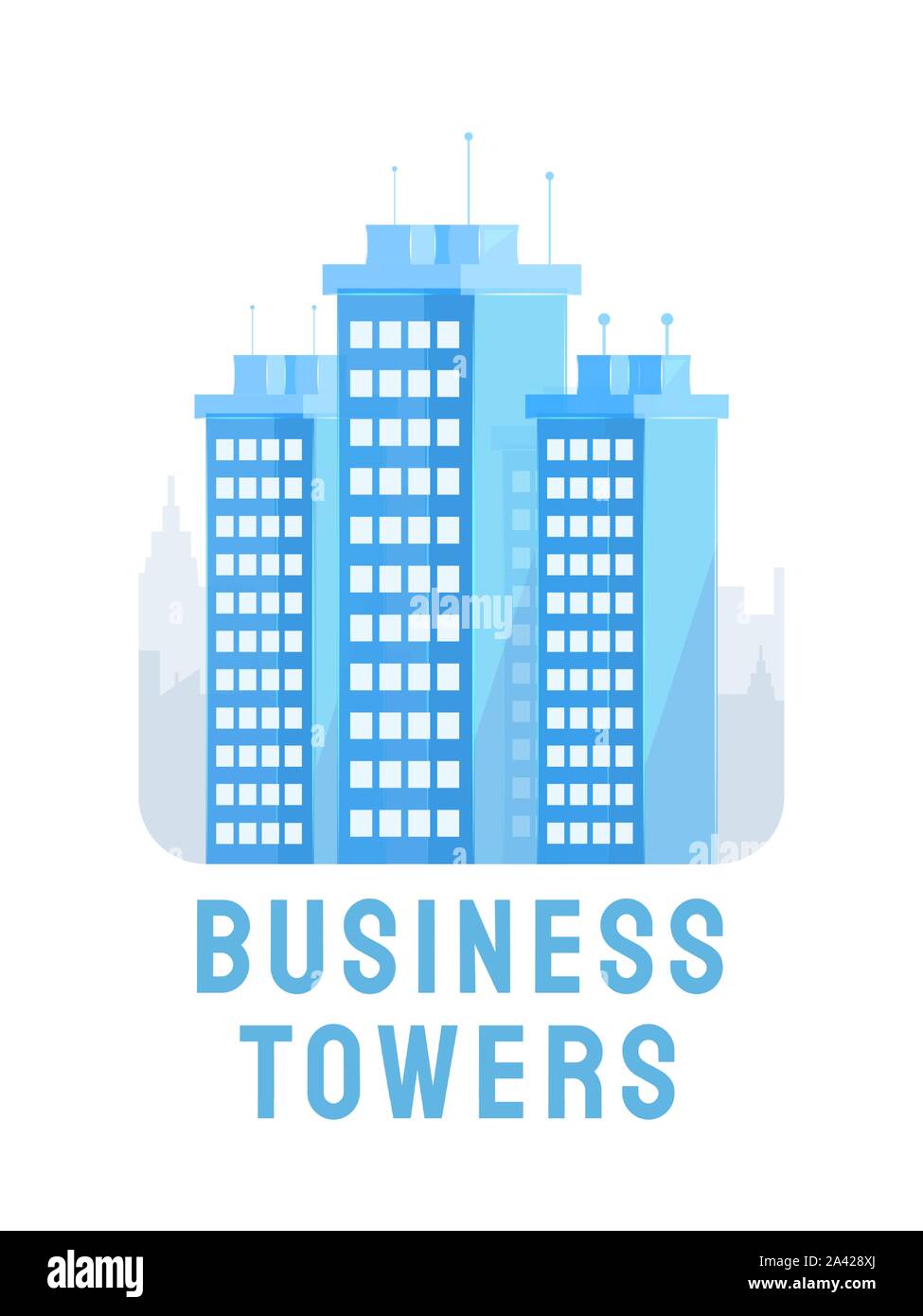 Torri di Business flat banner template vettoriale. Edilizia moderna architettura urbana layout poster. Impresa Corporate Headquarters, la costruzione di uffici, grattacieli illustrazione con la tipografia Illustrazione Vettoriale