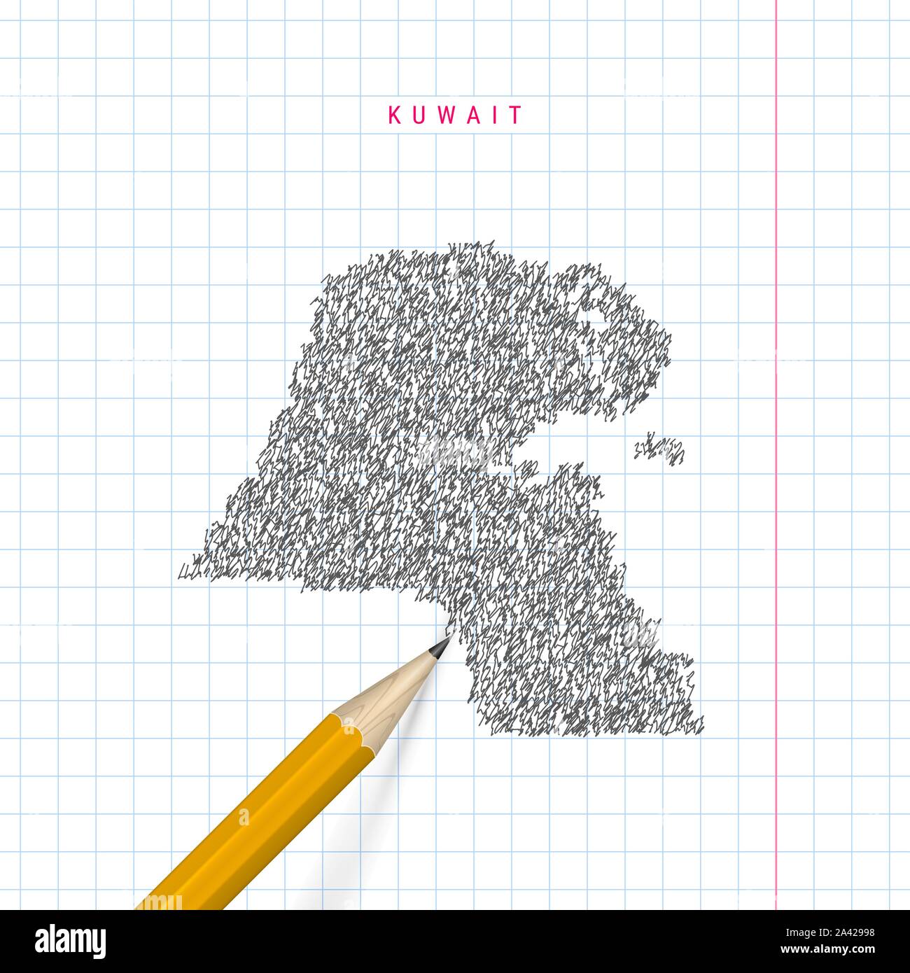 Kuwait schizzo scribble mappa tracciata sulla scuola a scacchi notebook lo sfondo della carta. Disegnata a mano mappa vettoriale del Kuwait. 3D realistiche matita. Illustrazione Vettoriale