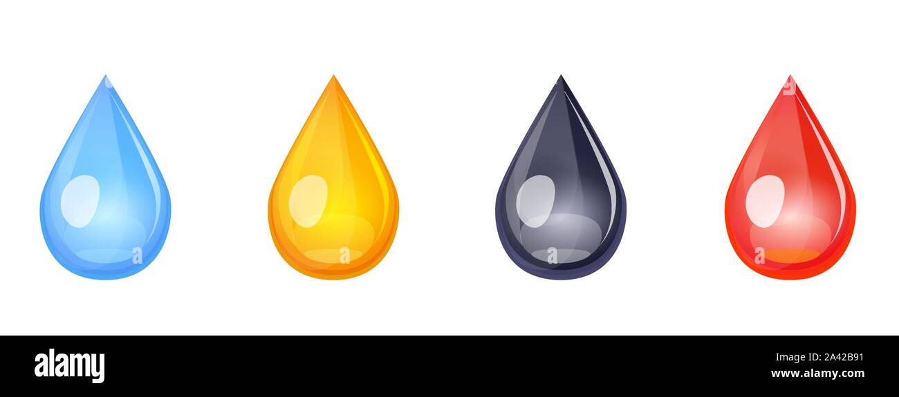 Gocce di set di icone che rientrano in forma liquida, blu, giallo, nero, colore rosso. Vettore semplice raccolta di olio, sangue, petrolio, acqua, inchiostro, strappo, gocce di succo isolati su sfondo bianco. Illustrazione Vettoriale