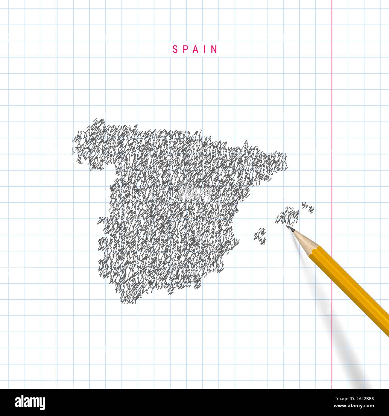 Spagna schizzo scribble mappa tracciata sulla scuola a scacchi notebook lo sfondo della carta. Disegnata a mano mappa vettoriale della Spagna. 3D realistiche matita. Illustrazione Vettoriale