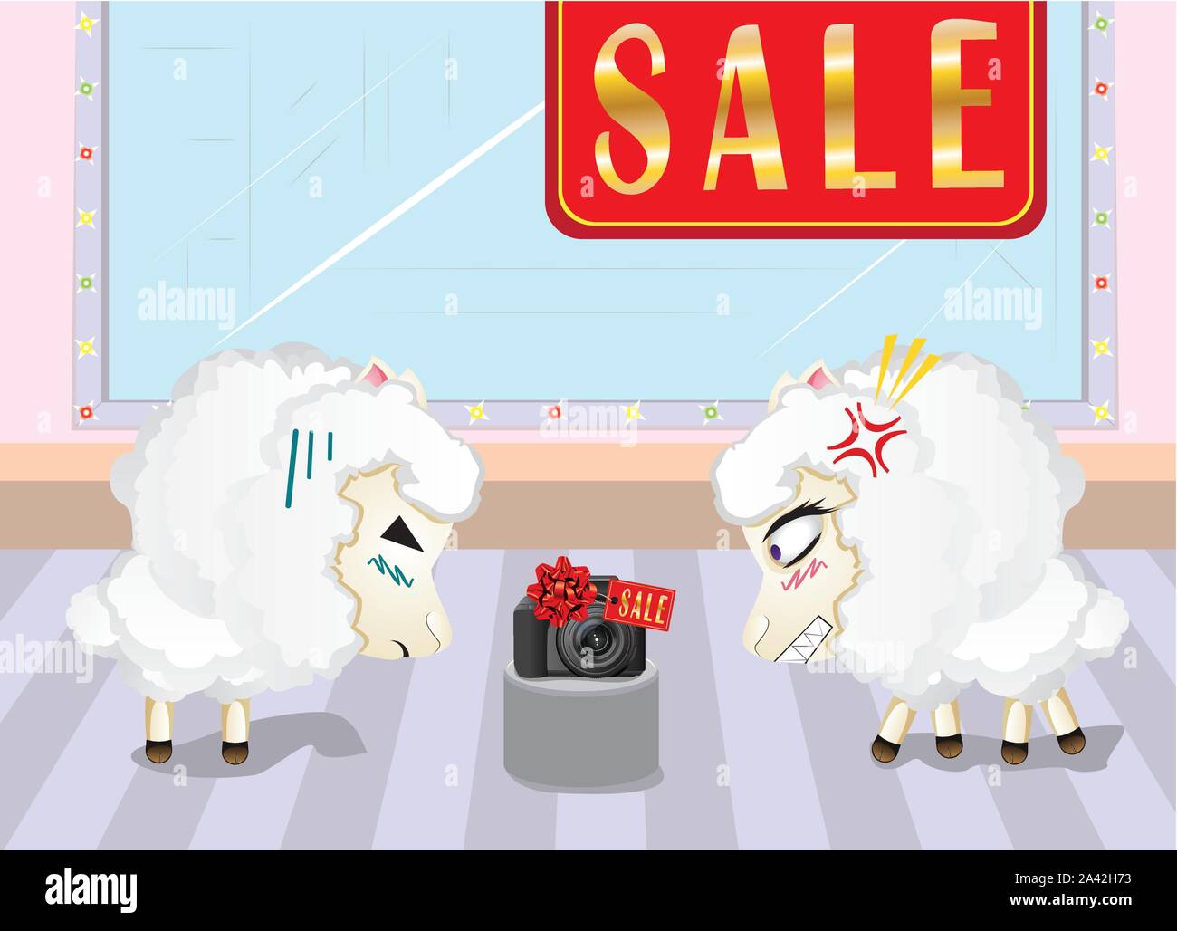 Due arrabbiato pecore nel department store, shopping, vendita. Illustrazione Vettoriale