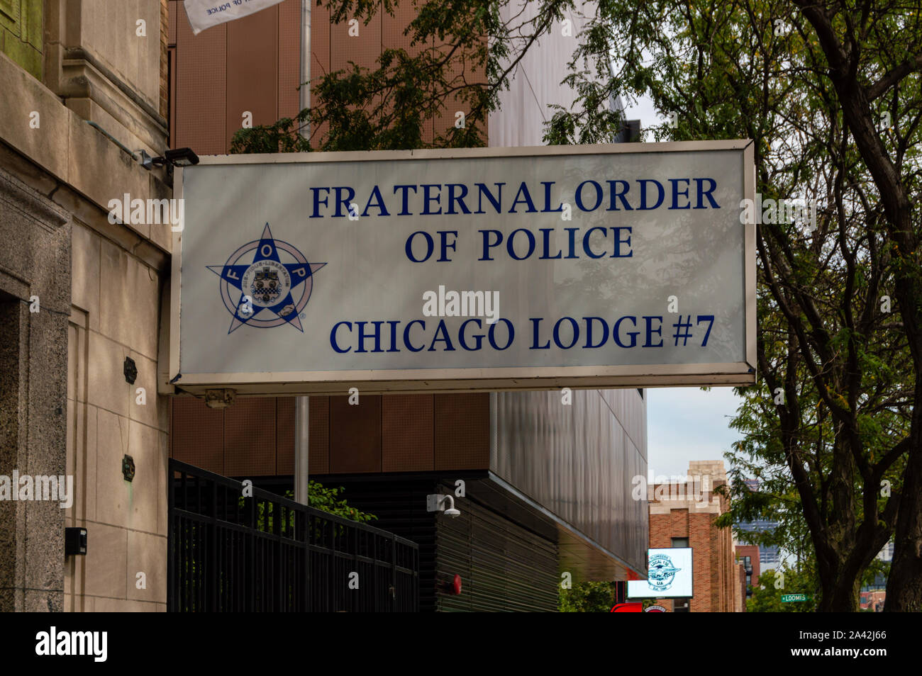 Chicago, Illinois-September 19, 2019: Ordine fraterno di polizia, Chicago Lodge 7. Un segno al di sopra del Chicago sindacato di polizia ufficio nel West Loop. Foto Stock