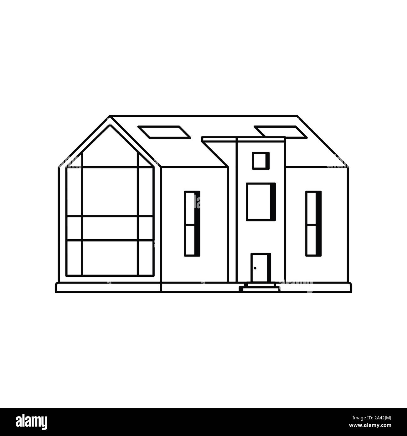 Cottage moderno con una grande finestra panoramica su uno sfondo bianco disegnato nella linea di stile arte Illustrazione Vettoriale