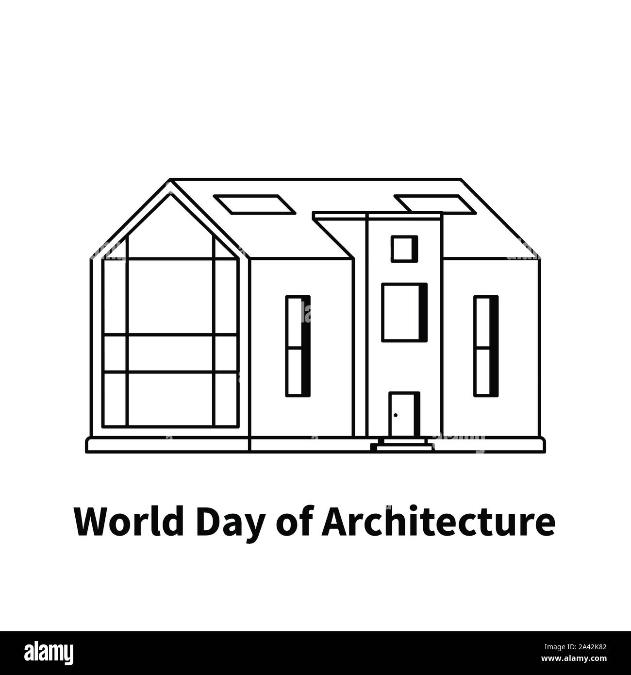 Casa moderna con testo Giornata mondiale dell'architettura su uno sfondo bianco disegnato nella linea di stile arte Illustrazione Vettoriale