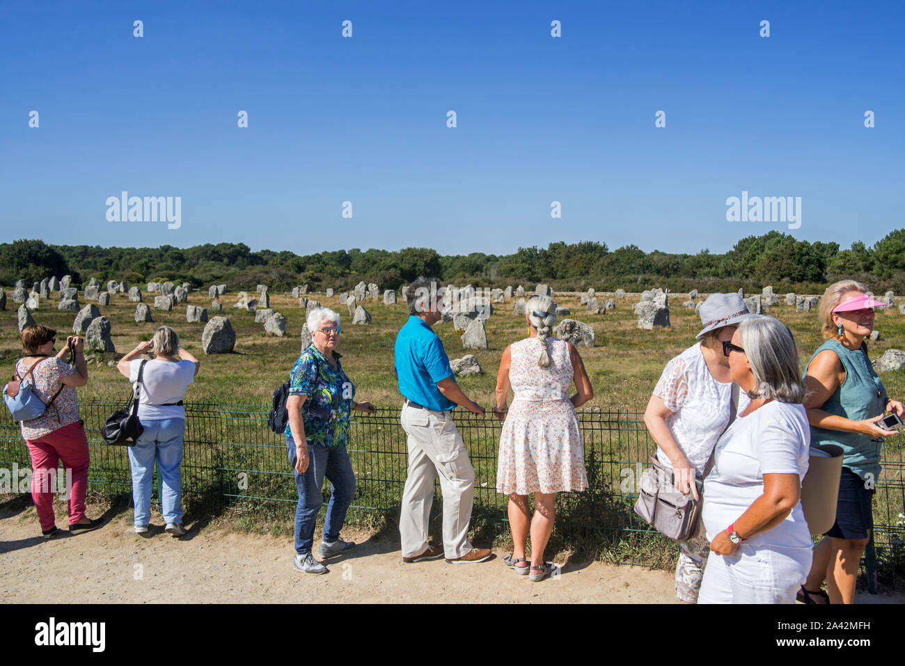 Anziani turisti fotografare del Ménec allineamenti, sito megalitico tra il Carnac pietre permanente, Morbihan, in Bretagna, Francia Foto Stock