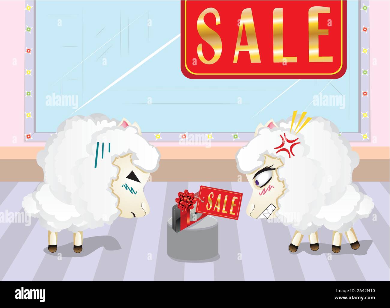 Due arrabbiato pecore nel department store, shopping, vendita. Illustrazione Vettoriale