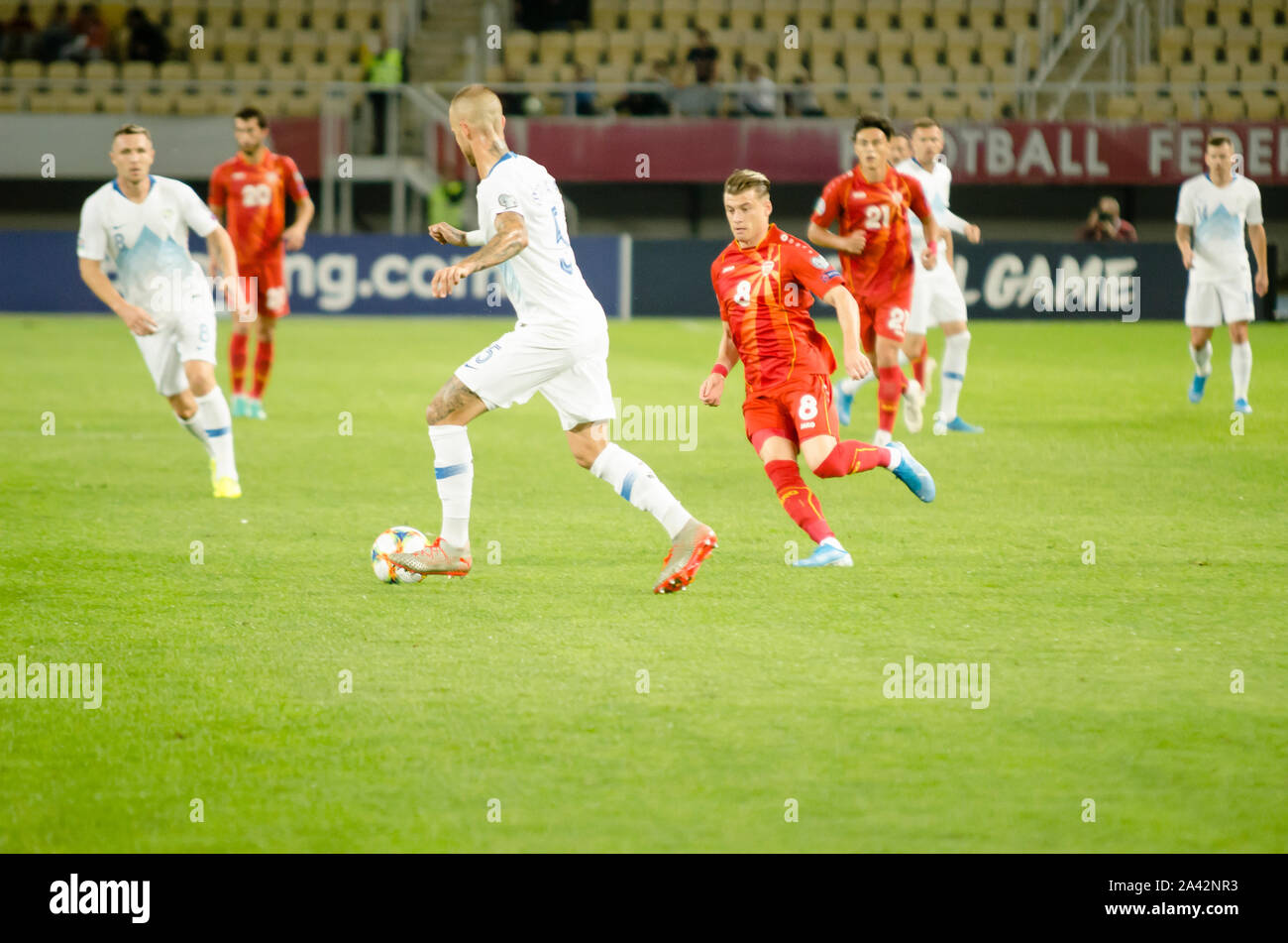 Arena Nazionale "Todor Proeski' Skopje, Macedonia. 10 Ottobre 2019 20:45 (GMT +2). Macedonia vs Slovenia UEFA EURO 2020 partita di qualificazione Gruppo G Foto Stock