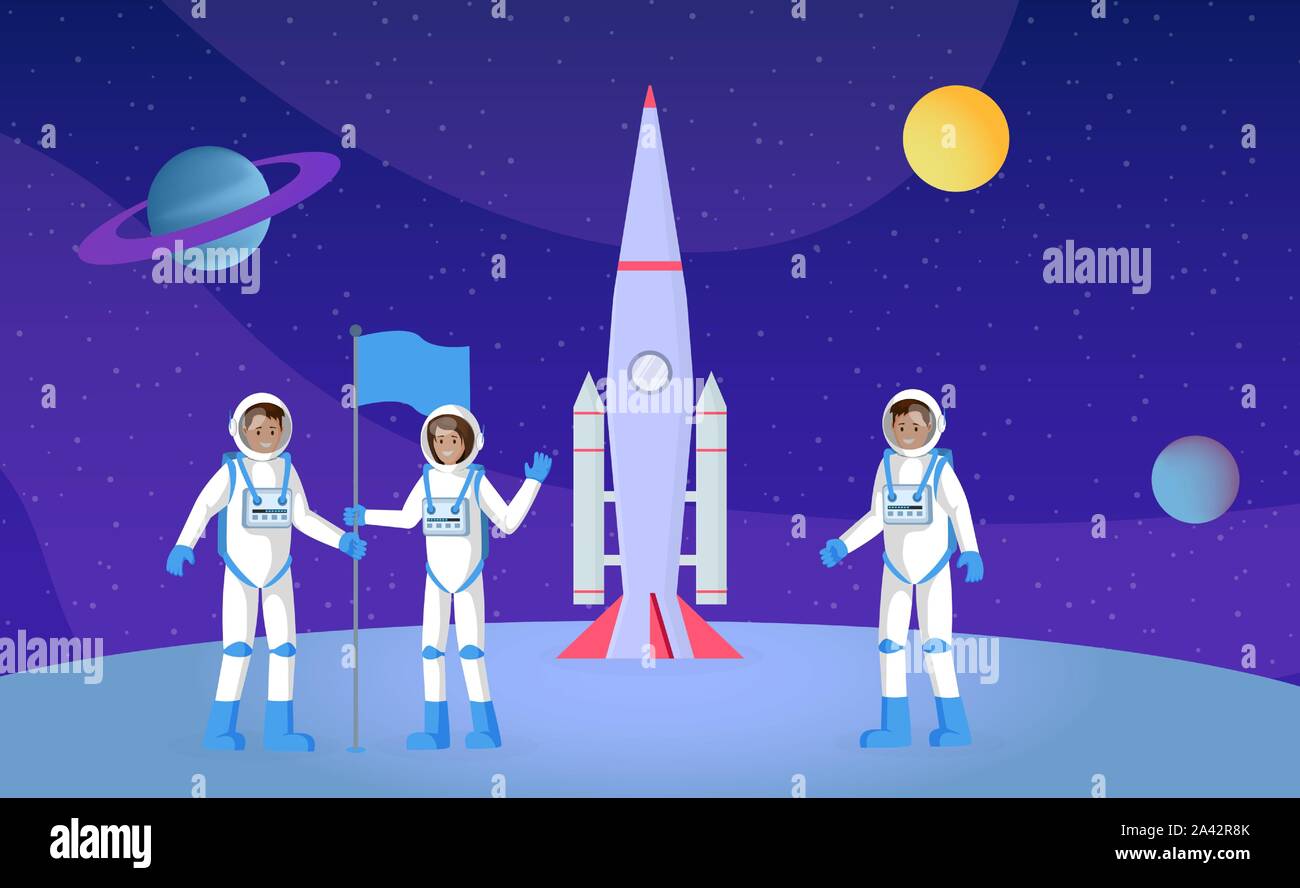 Esplorazione dello spazio, expedition piatta illustrazione vettoriale. Giovani astronauti con bandiera, persone in vestiti di pressione i personaggi dei cartoni animati. I cosmonauti sul pianeta superficie, galaxy esploratori, viaggio interstellare Illustrazione Vettoriale