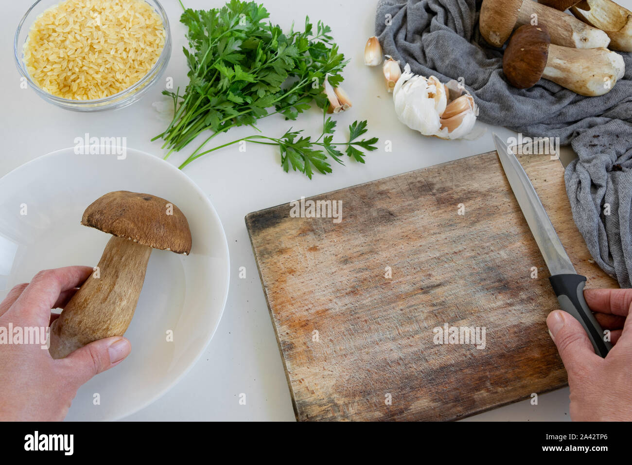 Punto di vista personale della donna le mani la preparazione di funghi porcini (Boletus commestibile) per la cottura Foto Stock