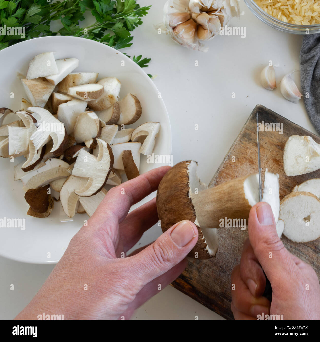 Punto di vista personale della donna le mani la preparazione di funghi porcini (Boletus commestibile) per la cottura Foto Stock