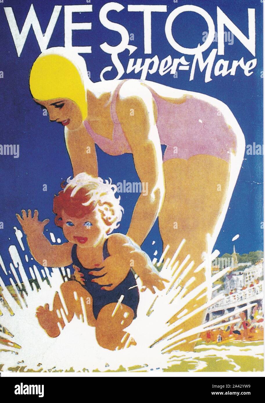 Cartolina a colori dal Robert Opie Collection - Weston-Super-Mare Brochure, fine 1930 da Tom Purvis. Foto Stock