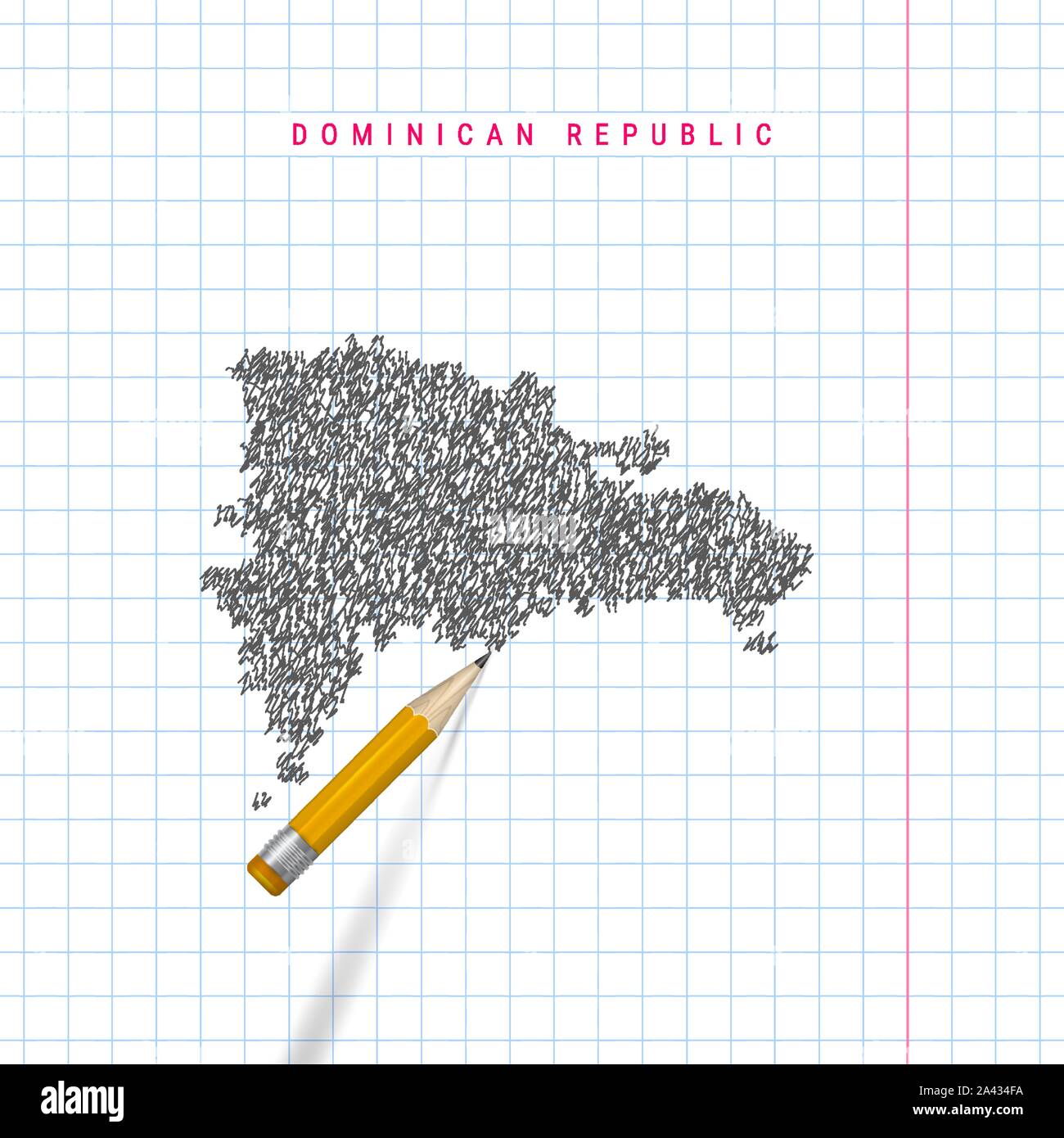Repubblica Dominicana schizzo scribble mappa tracciata sulla scuola a scacchi notebook lo sfondo della carta. Disegnata a mano mappa vettoriale della Repubblica Dominicana. Realistiche in 3D Illustrazione Vettoriale