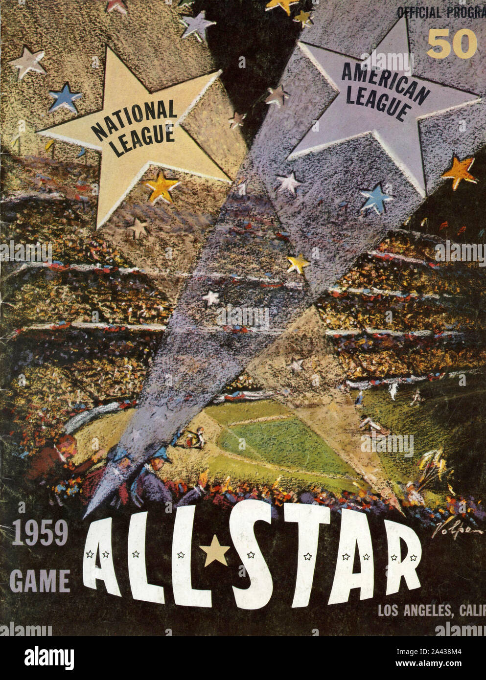 Vintage souvenir di copertura del programma per il 1959 Major League Baseball All Star Game l tenutosi presso il Los Angeles Memorial Coliseum. Foto Stock