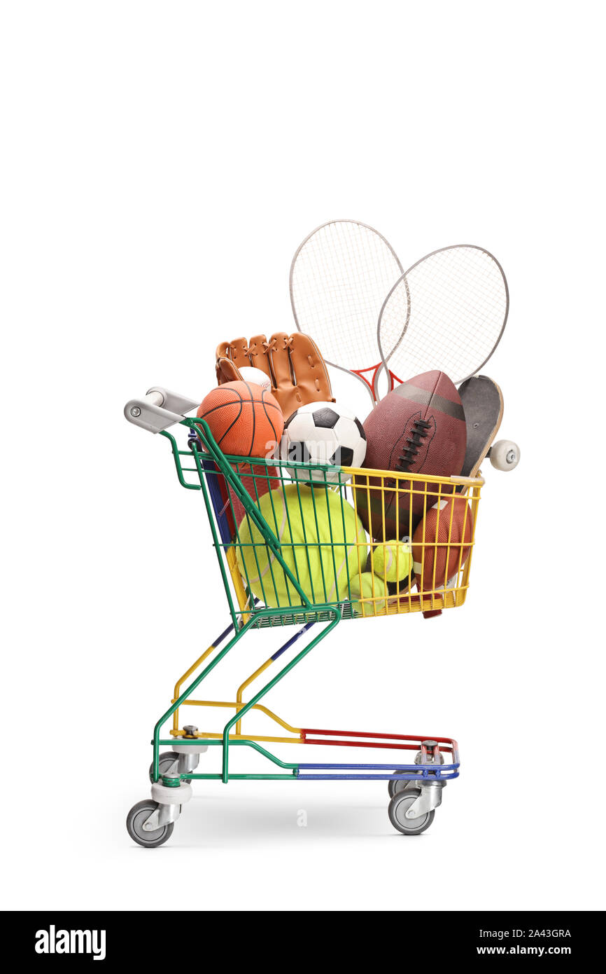 Poco carrello pieno di attrezzature sportive isolati su sfondo bianco Foto Stock