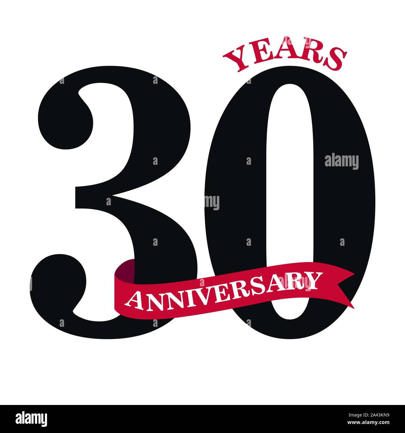 30 anni di anniversario design con nastro rosso isolato su sfondo bianco per eventi celebrativi Illustrazione Vettoriale