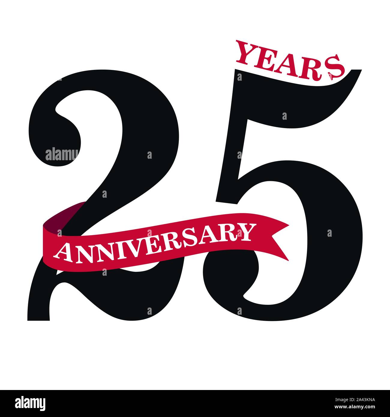 25 anni di anniversario design con nastro rosso isolato su sfondo bianco per eventi celebrativi Illustrazione Vettoriale