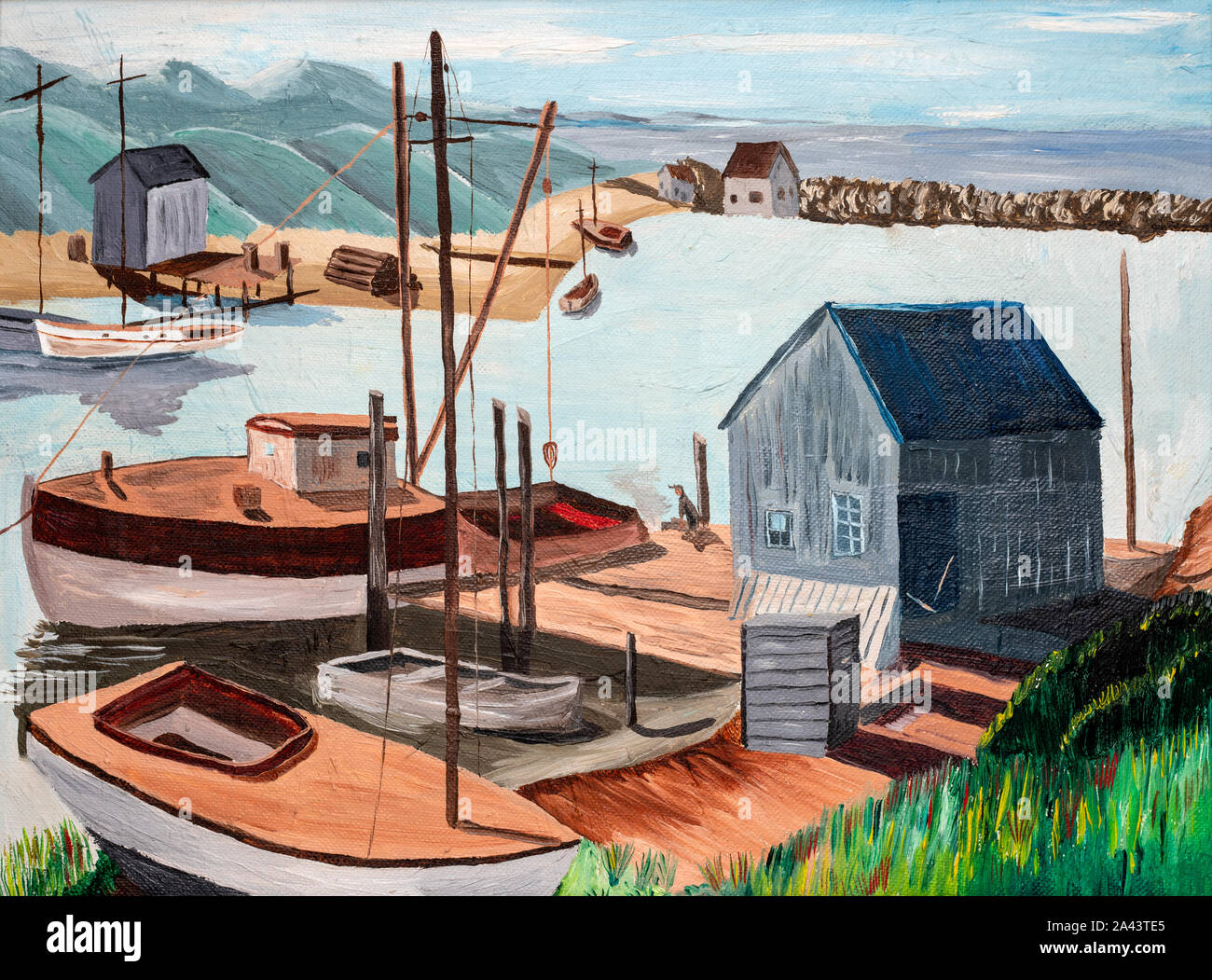 Stile Folk pittura di tipiche barche di pescatori e baracche in un porto. Foto Stock