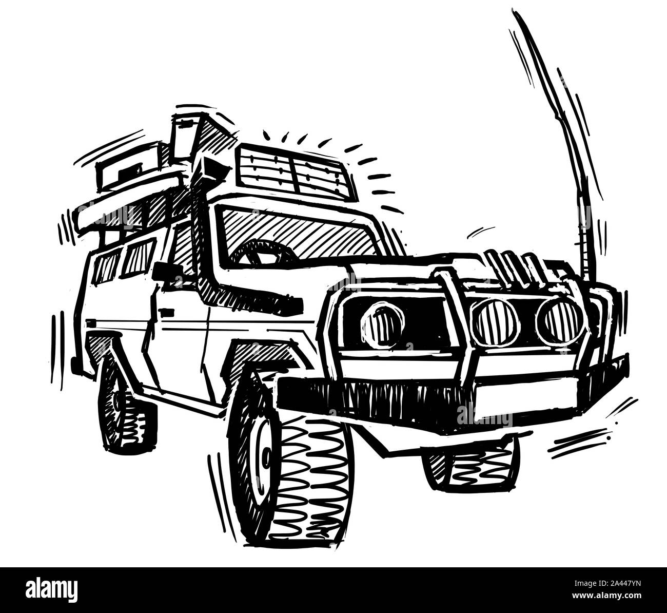 Un'illustrazione 4WD dall'aspetto robusto in bianco e nero. Targa vuota. Foto Stock