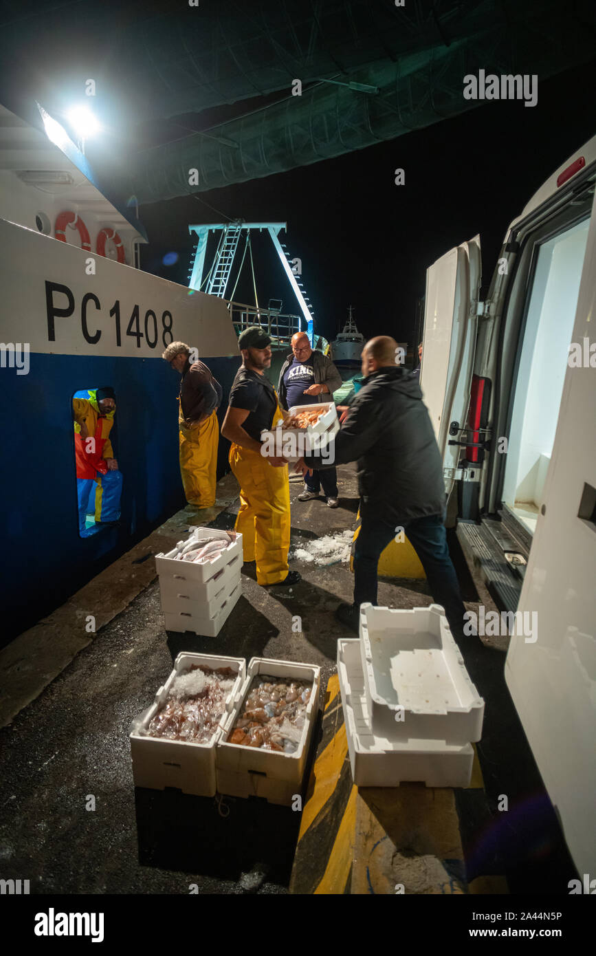 Rientro dalla pesca di notte. I pescatori di pesce di scarico per la vendita Foto Stock