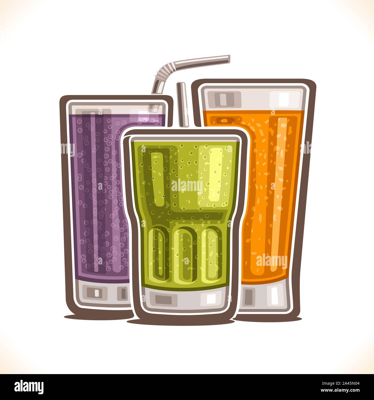 Illustrazione Vettoriale di bevande rinfrescanti, poster con sani mirtillo acqua, succo d'arancia fresco con pasta e kiwi spirulina detox smoothie in vetro Illustrazione Vettoriale