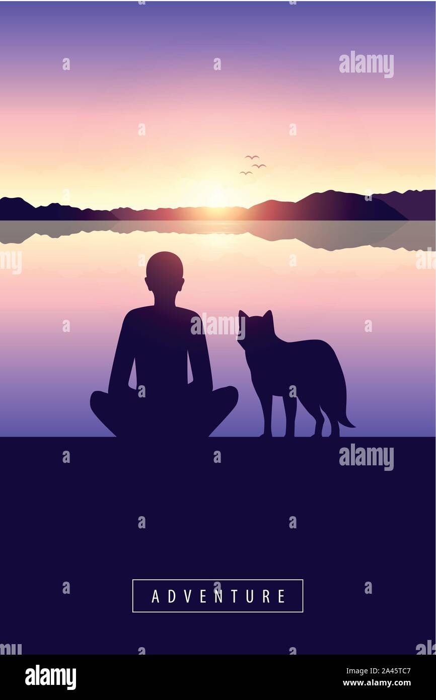 Uomo e cane sul lago con vista montagna e tramonto design avventura illustrazione vettoriale EPS10 Illustrazione Vettoriale