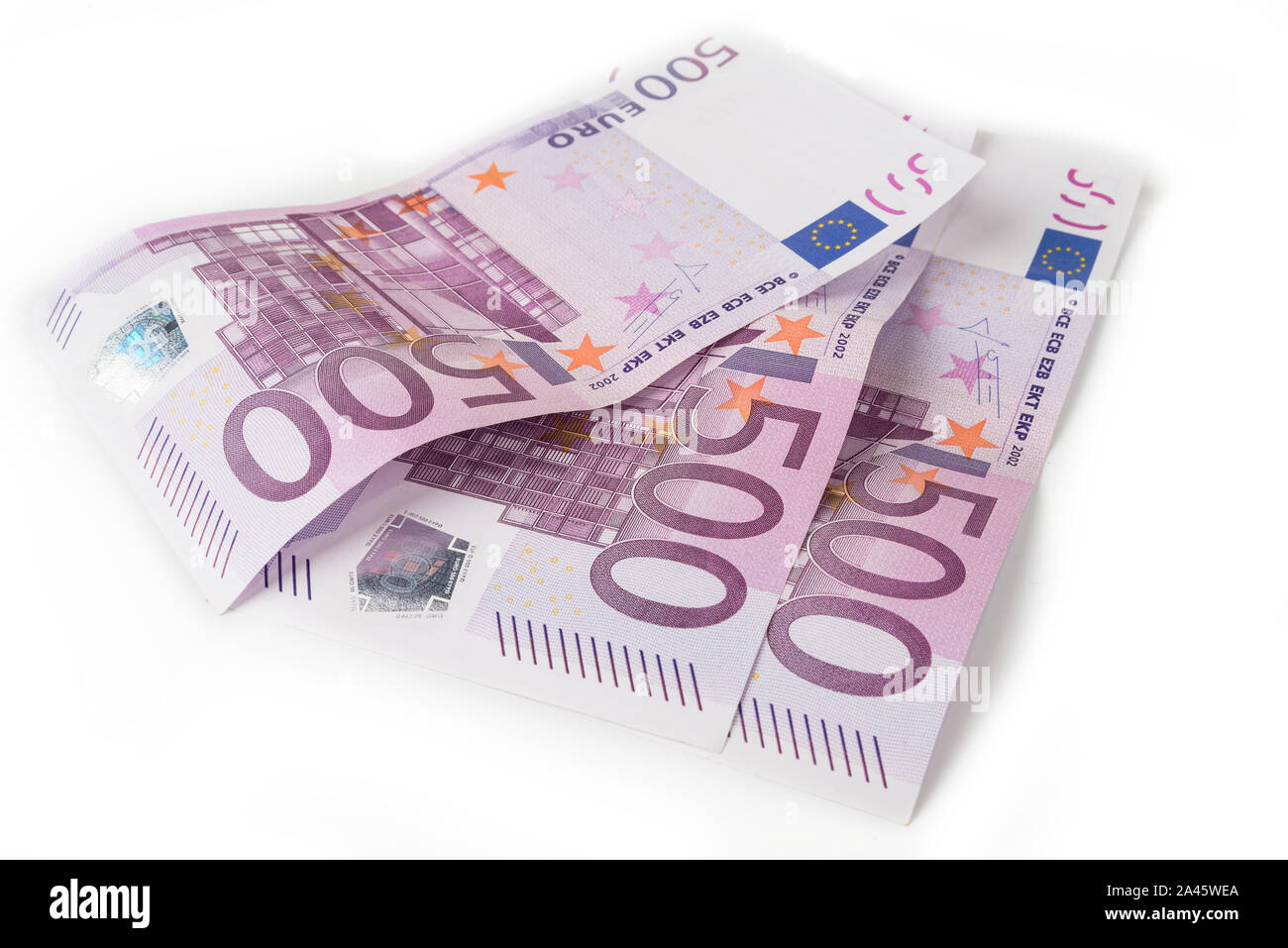 500 euro bill su sfondo bianco Foto Stock