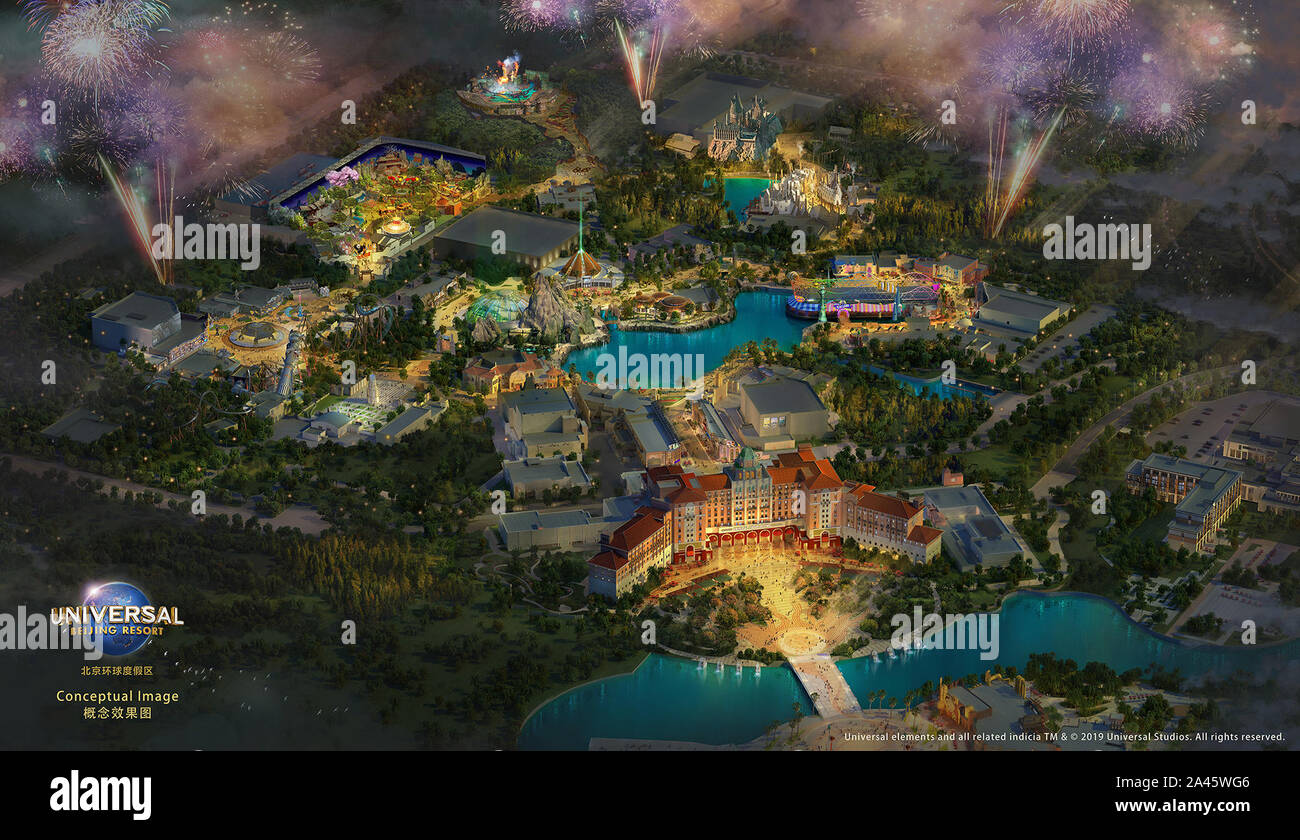 (191012) -- PECHINO, Ottobre 12, 2019 (Xinhua) -- una immagine concettuale mostra la Pechino parco a tema Universal Resort di Pechino. Universal Resort di Pechino ha annunciato il Sabato che il suo tema di Pechino parco avrà sette terre del tema. Le sette terre sono il panda di Kung Fu Terra di suggestione, trasformatori: Metrobase, Terra Minion, Il mondo di Wizarding di Harry Potter, mondo giurassico Isla Nublar, Hollywood e WaterWorld. Ogni paese dovrà contenere un mix di attrazioni, spettacoli, negozi e ristoranti, secondo il resort. (Universal Resort di Pechino/Handout via Xinhua) Foto Stock