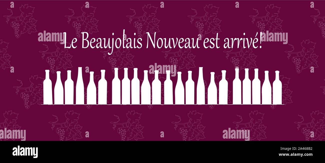 Testo Le Beaujolais est arrivare significa il Beaujolais vino è venuta. Vettore Handdrawing pattern con l'uva. Festa del vino Beaujolais Nouveau evento in Francia - illustrazione vettoriale Illustrazione Vettoriale